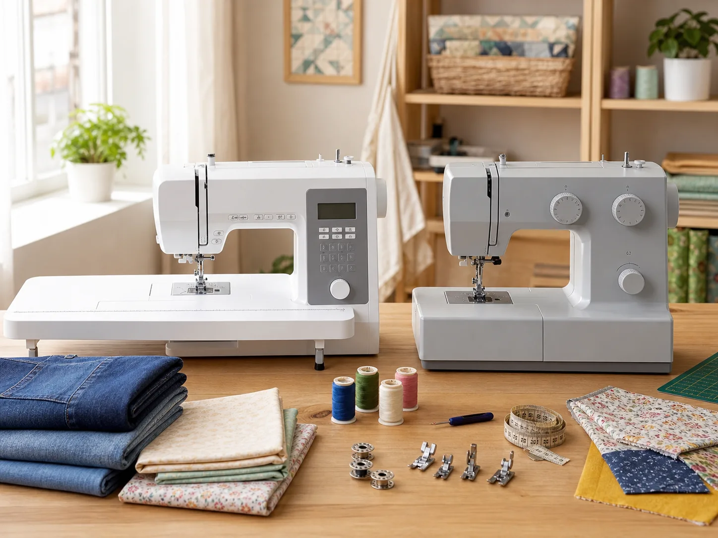 Two unbranded full-size sewing machines on a bright craft table with folded denim, cotton fabric swatches, thread spools, bobbins, presser feet, and measuring tape for the Brother CS7000X vs SINGER Heavy Duty 4452 comparison
