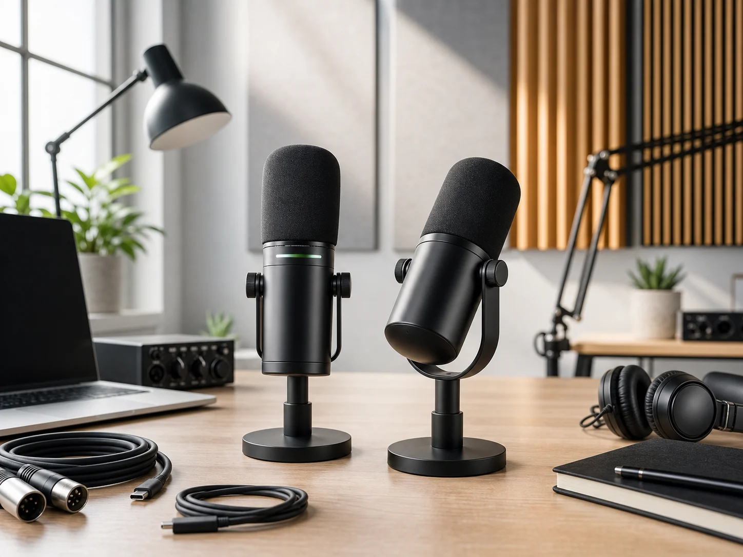 Two unbranded black broadcast-style podcast microphones on a bright home recording desk with a laptop, audio interface, headphones, USB-C cable, XLR cable, boom arm, acoustic panels, and notebook for the Shure MV7+ vs RODE PodMic USB comparison