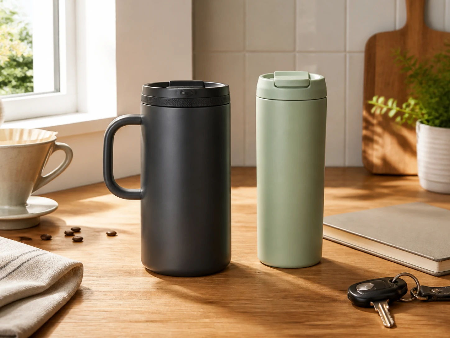 Two unbranded insulated commuter travel mugs, one charcoal with a loop handle and one slim pale green with a flip lid, beside coffee beans, a dripper, notebook, linen, and keys for the YETI Rambler 20 oz vs Stanley Transit Flip Top Mug 20 oz comparison.