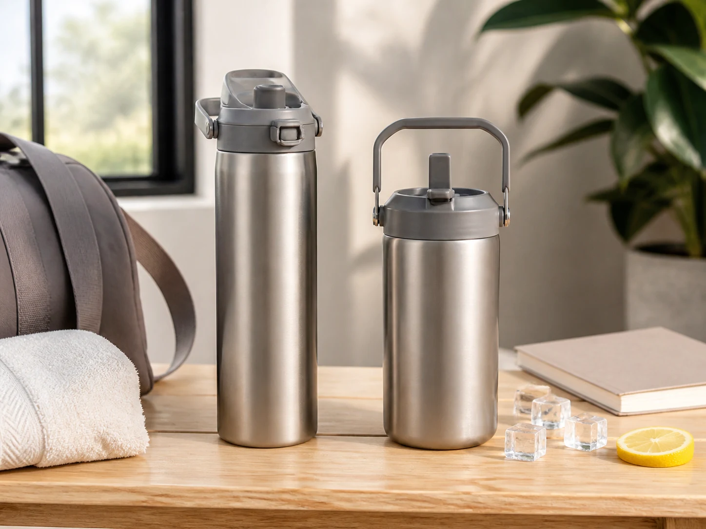 An unbranded upright slim insulated water bottle with covered sip lid beside an unbranded handled flip-straw insulated tumbler, gym bag, towel, ice, lemon, and notebook for the Owala FreeSip 24 oz vs Stanley IceFlow Flip Straw Tumbler 20 oz comparison