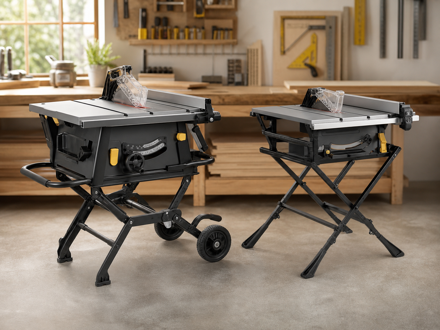 Two portable table saw setups in a tidy woodworking shop with plywood, measuring tools, and warm bench lighting