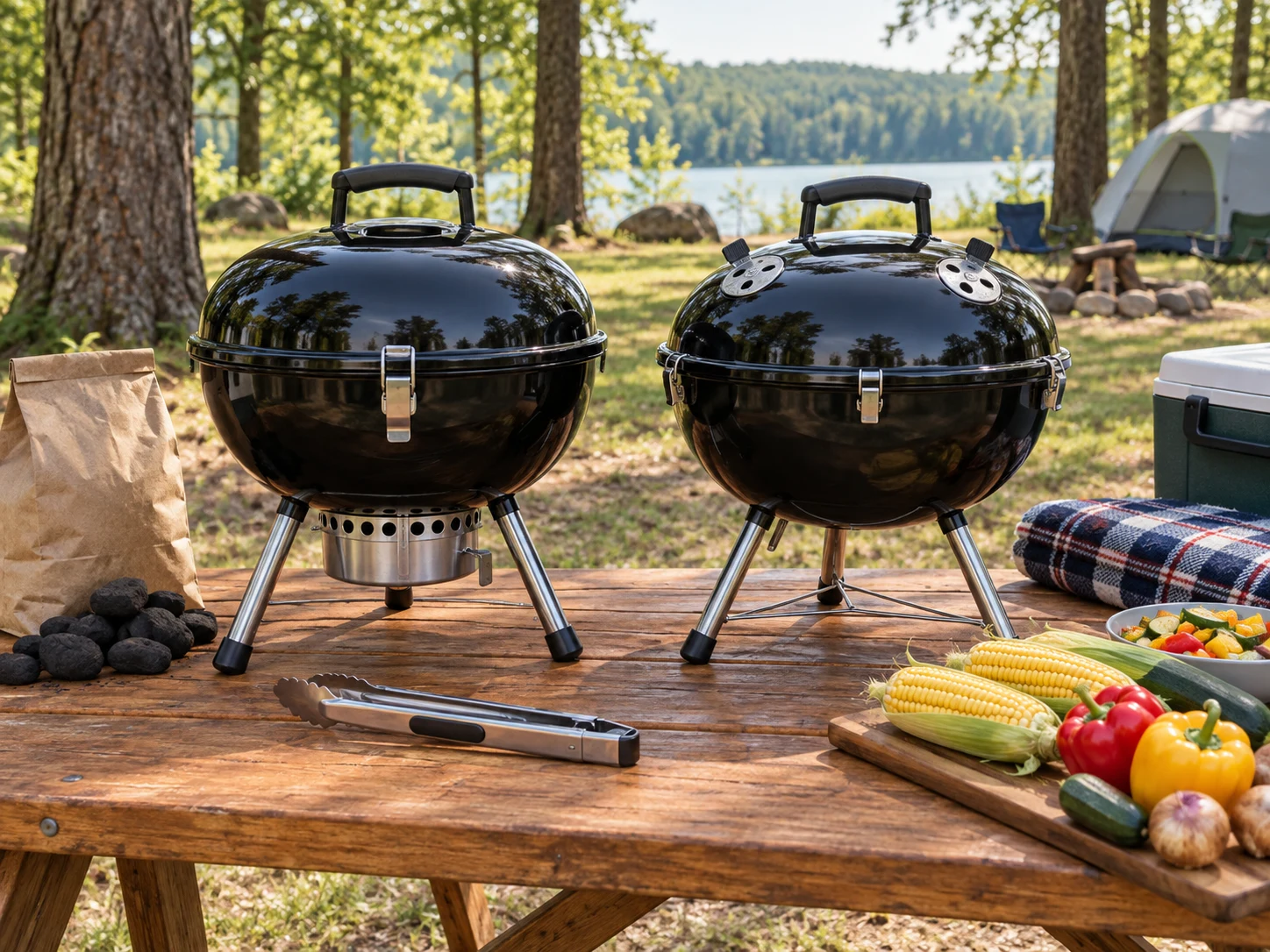 Two unbranded 14-inch kettle charcoal grills on a picnic table with charcoal, tongs, corn, vegetables, a blanket, and a cooler for the Weber Smokey Joe vs Cuisinart CCG-190 comparison.