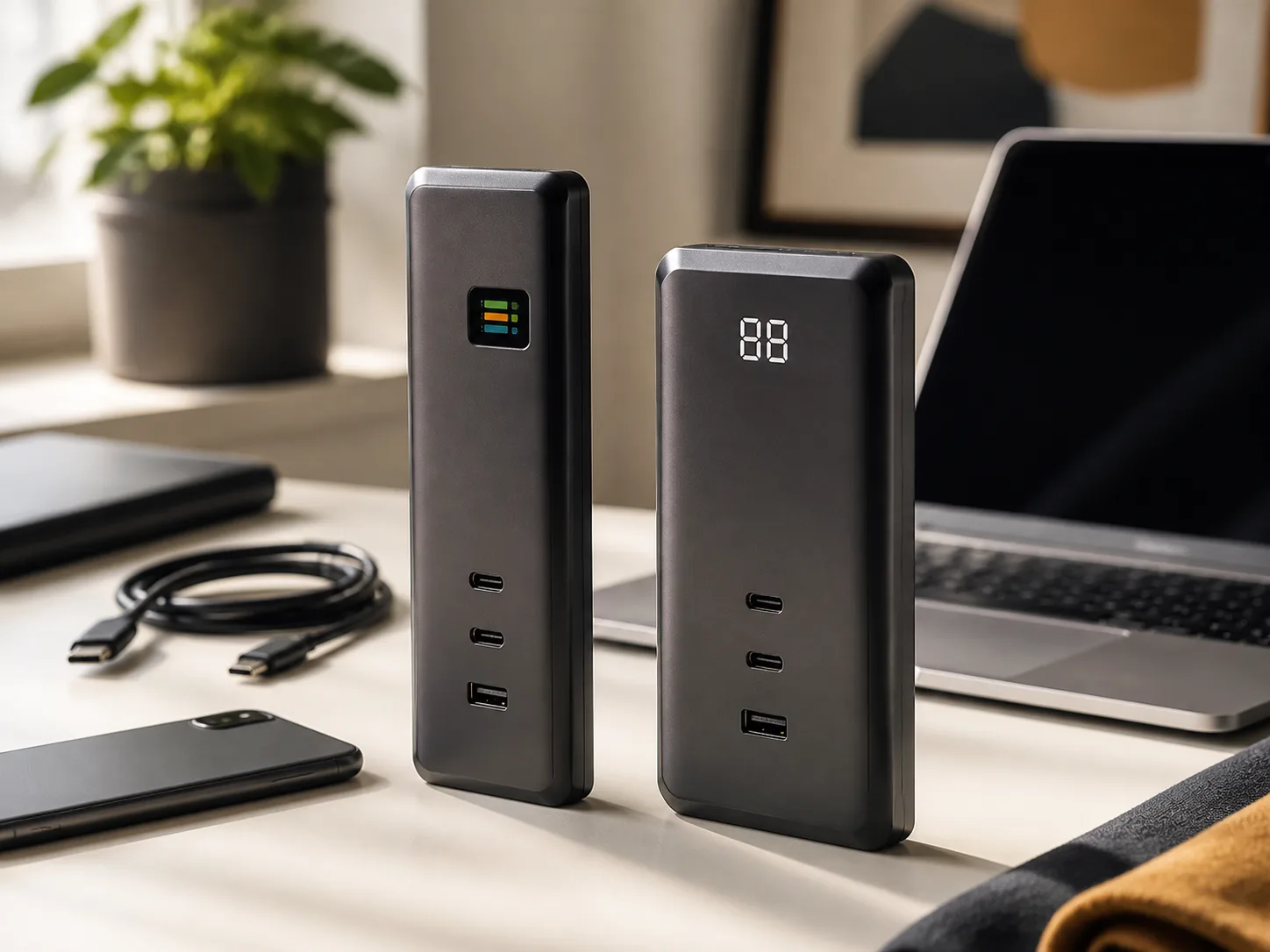 Two unbranded high-capacity laptop power banks on a warm desk beside a cable, laptop, notebook, and phone for the Anker 737 vs UGREEN Nexode comparison.