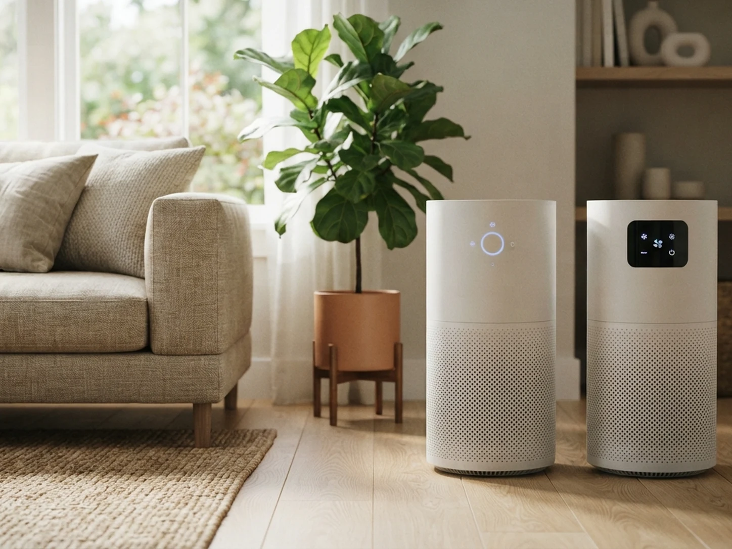 Two tower-style air purifiers in a bright living room near a sofa and a potted plant for the Shark HP201 vs Levoit Core 400S comparison