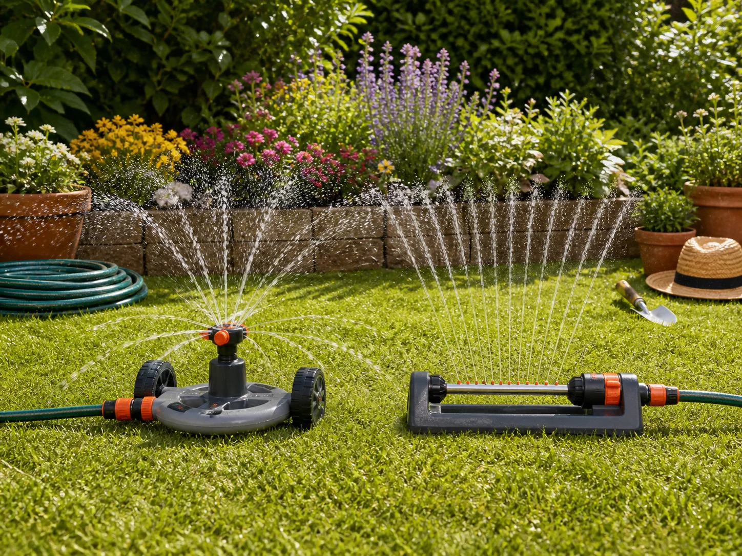 Two unbranded lawn sprinklers, one wheeled gear-drive and one oscillating, watering a sunny backyard beside flower beds, pots, hose, and garden tools for the Orbit H2O-Six vs Melnor XT45100 comparison.