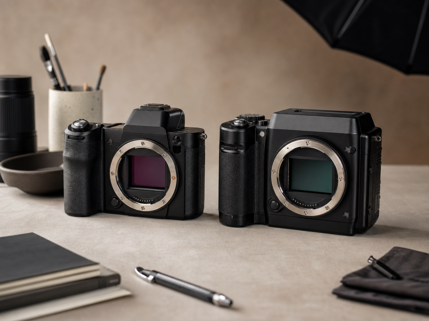 Two unbranded medium format mirrorless camera bodies on a studio table under soft photography lighting