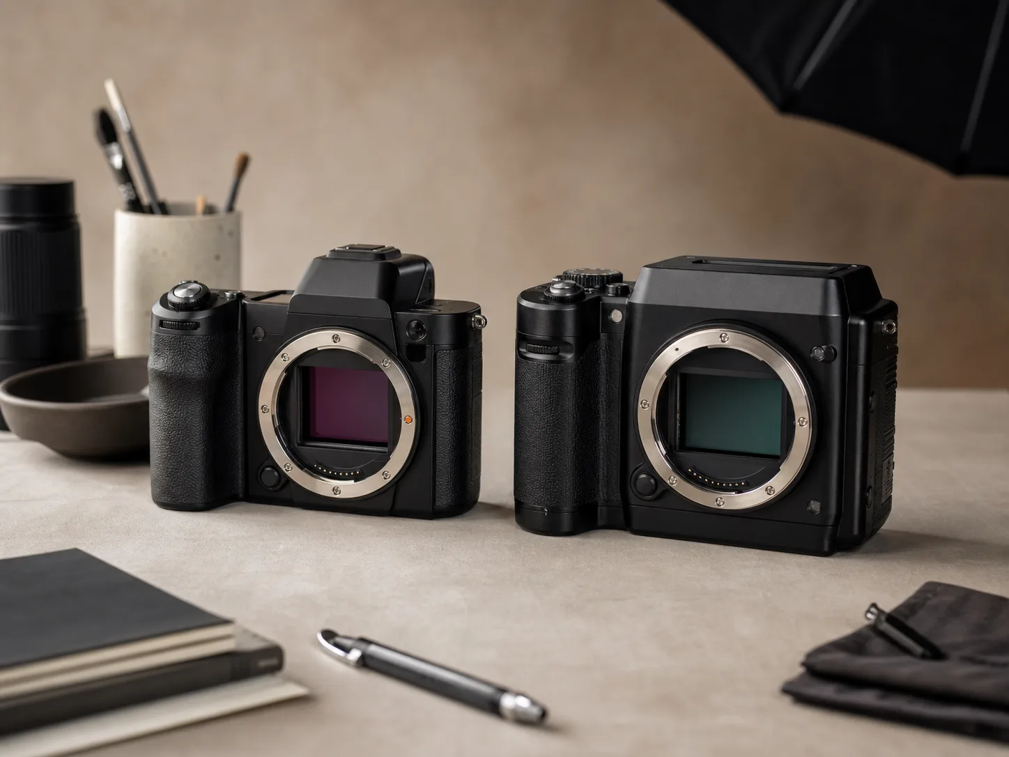 Two unbranded medium format mirrorless camera bodies on a studio table under soft photography lighting for the GFX100 II vs GFX100S II comparison