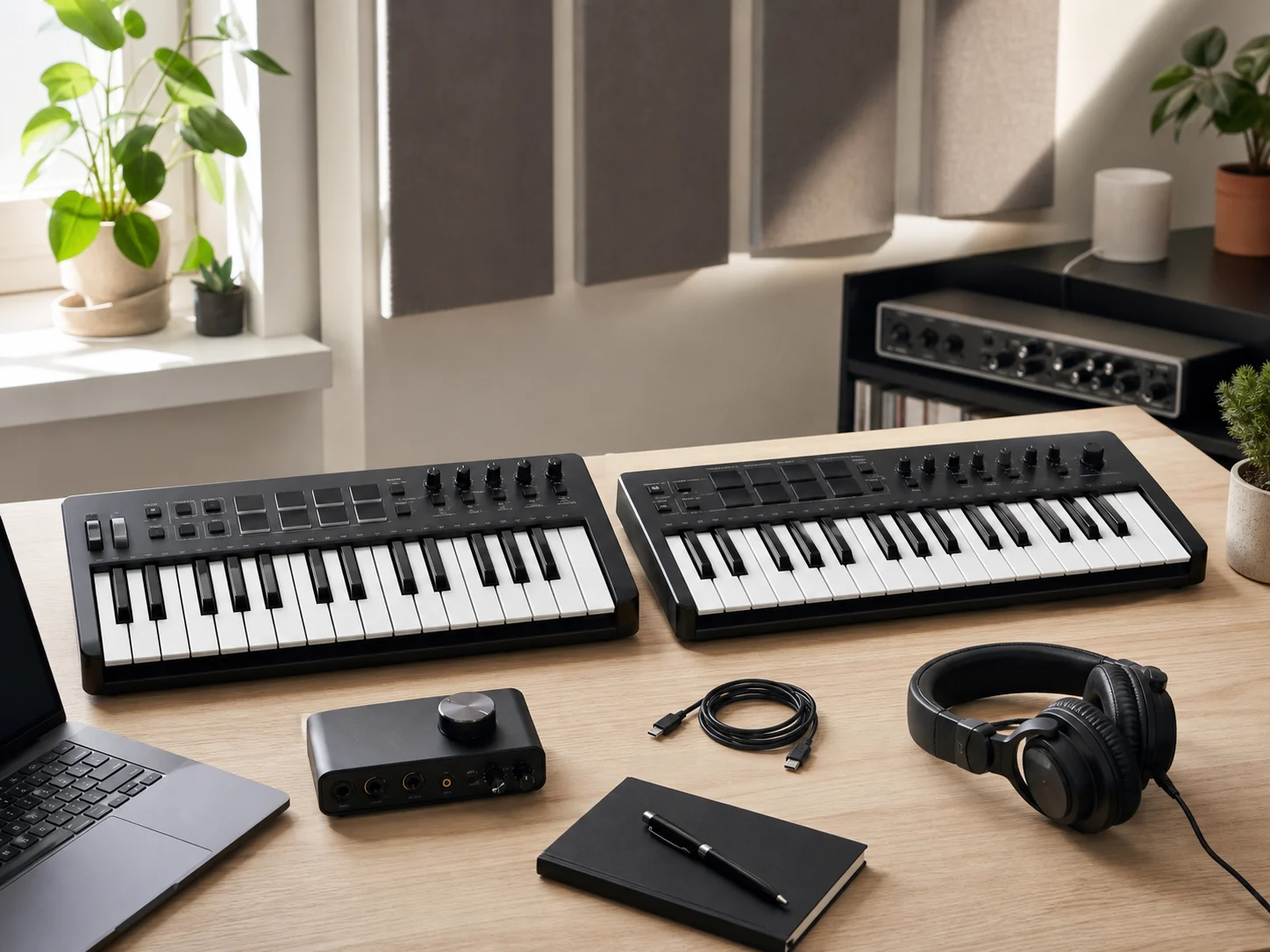 Two unbranded 49-key MIDI controller keyboards on a bright home production desk with studio headphones, laptop, USB cable, and audio interface for the Arturia KeyLab Essential 49 mk3 vs Novation Launchkey 49 MK4 comparison