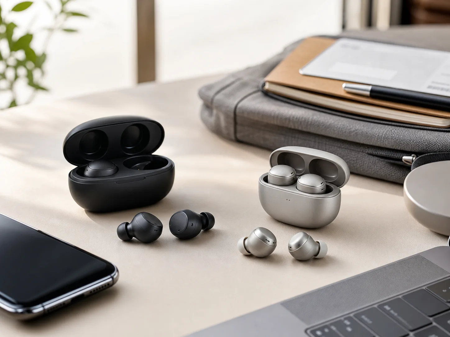 Two premium wireless earbud sets with charging cases on a bright travel desk with a phone, laptop, notebook, and soft pouch for the Sony WF-1000XM6 vs Bose QuietComfort Ultra Earbuds 2 comparison