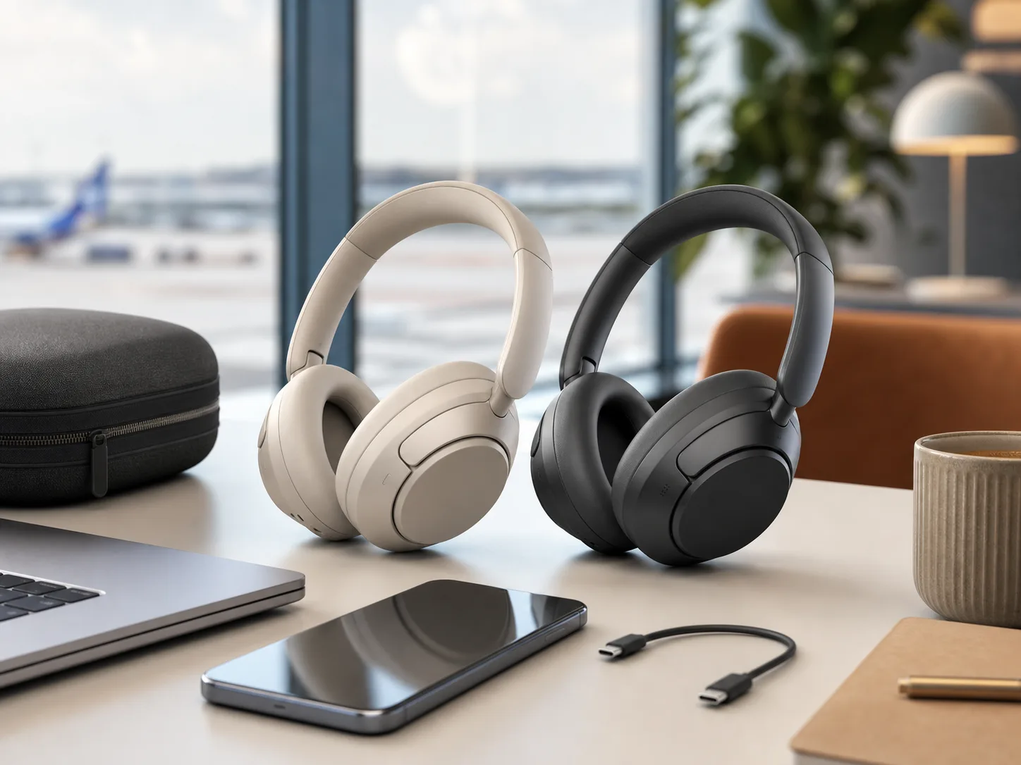 Two premium wireless over-ear headphones on a clean modern desk with a phone, laptop corner, USB-C cable, and travel case for the Sony WH-1000XM6 vs Bose QuietComfort Ultra Headphones 2nd Gen comparison