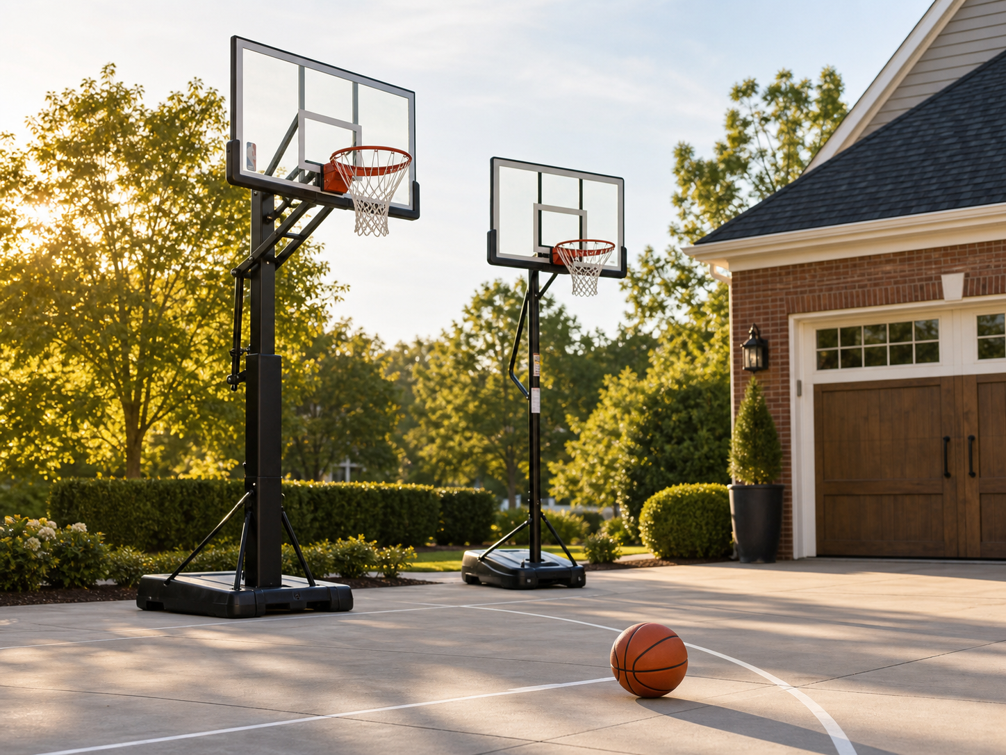 Two portable driveway basketball hoops beside an orange basketball on a clean outdoor court