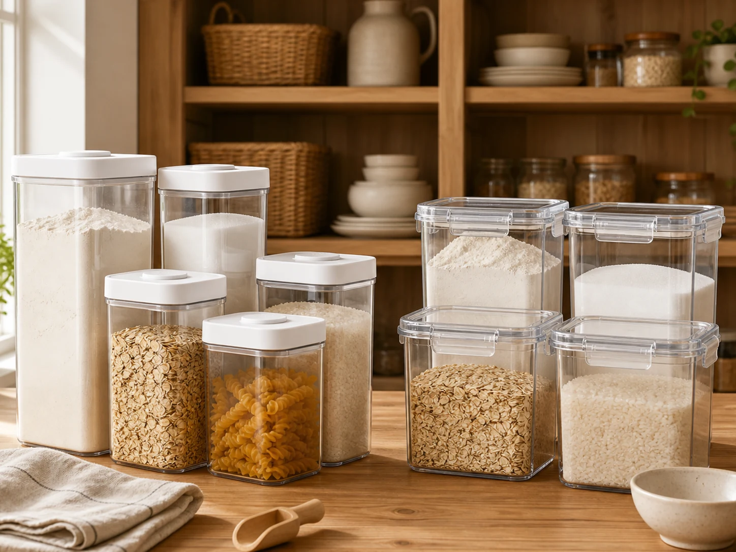 An unbranded group of white push-button pantry containers and a group of clear latch-lid pantry containers filled with flour, sugar, oats, pasta, and rice on a warm pantry counter for the OXO POP 8-Piece Baking Set vs Rubbermaid Brilliance Pantry 8-Piece Set comparison