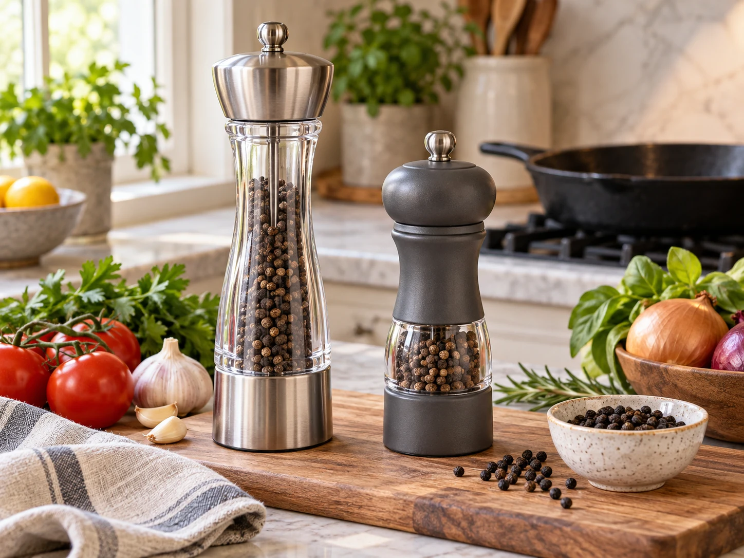 An unbranded clear metal-accent pepper grinder and a dark contoured pepper grinder with peppercorns, cutting board, and kitchen prep props for the Cole & Mason Derwent vs Fletchers' Mill Federal comparison.