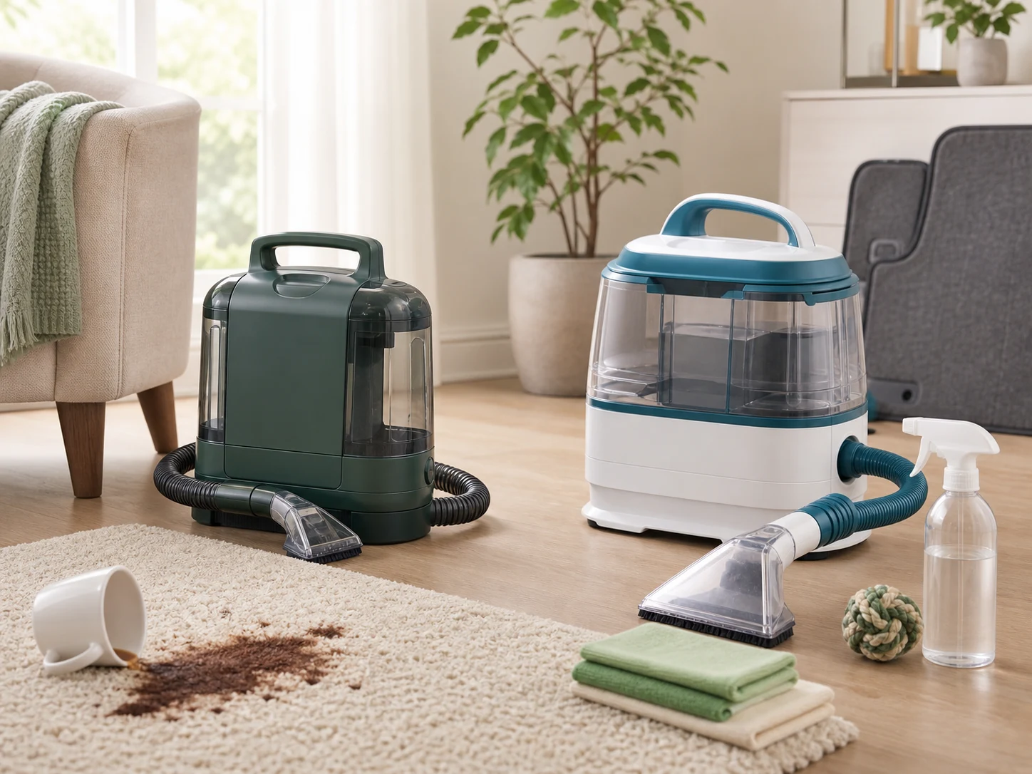 Two unbranded portable carpet spot cleaners beside a coffee spill, rug, upholstery, cleaning cloths, and pet toy for the BISSELL Little Green 1400B vs Hoover CleanSlate Plus FH14050 comparison