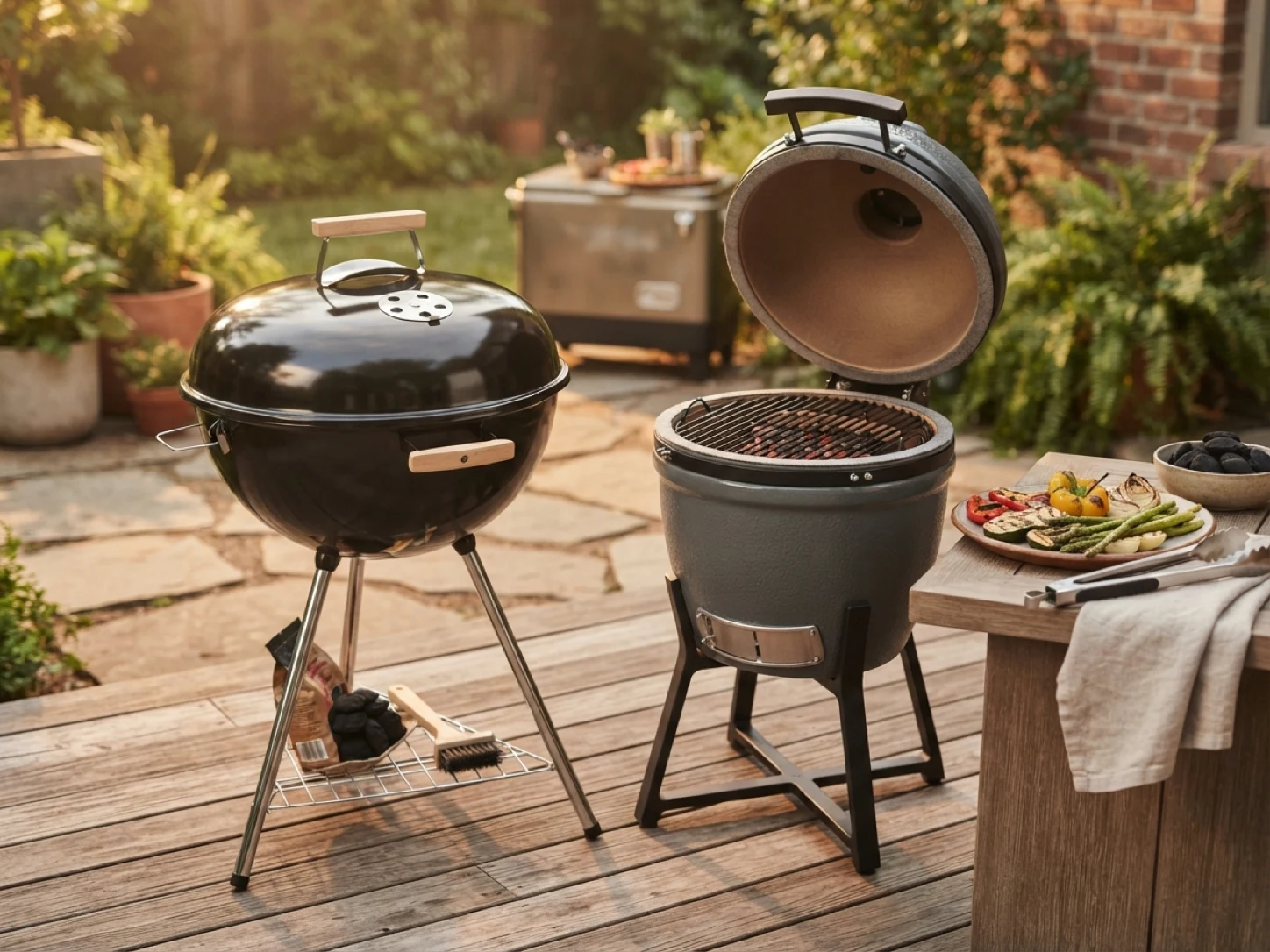 Two unbranded portable charcoal grills, one glossy black kettle-style and one compact charcoal-gray kamado-style, beside grilling vegetables, tongs, charcoal, linen, and a cooler on a wood patio for the Weber Jumbo Joe 18 vs Char-Griller AKORN Jr. comparison.
