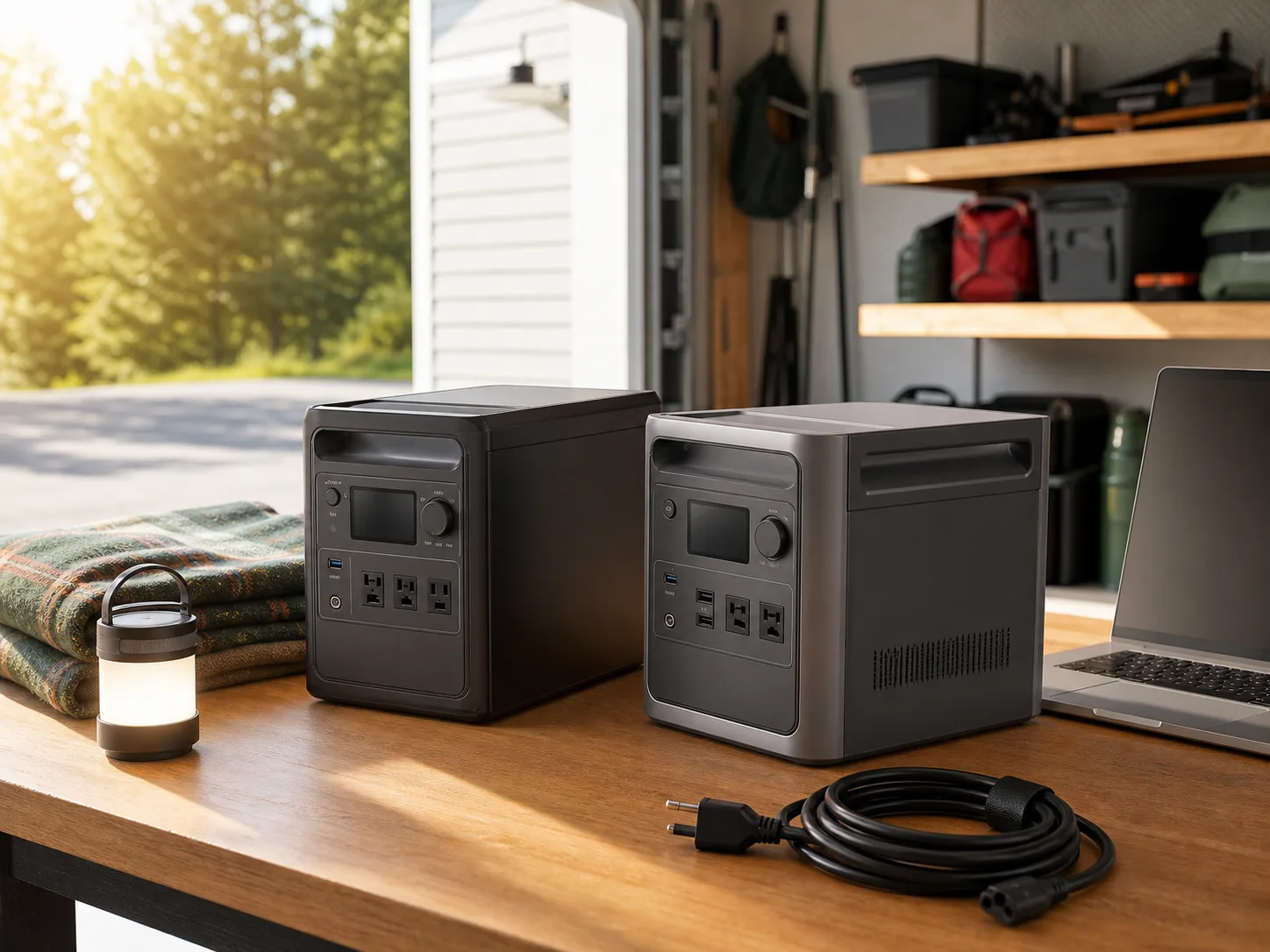 Two compact portable power stations on a workbench with charging cables, a laptop, and camping gear in natural light for the C1000 Gen 2 vs DELTA 3 Plus comparison