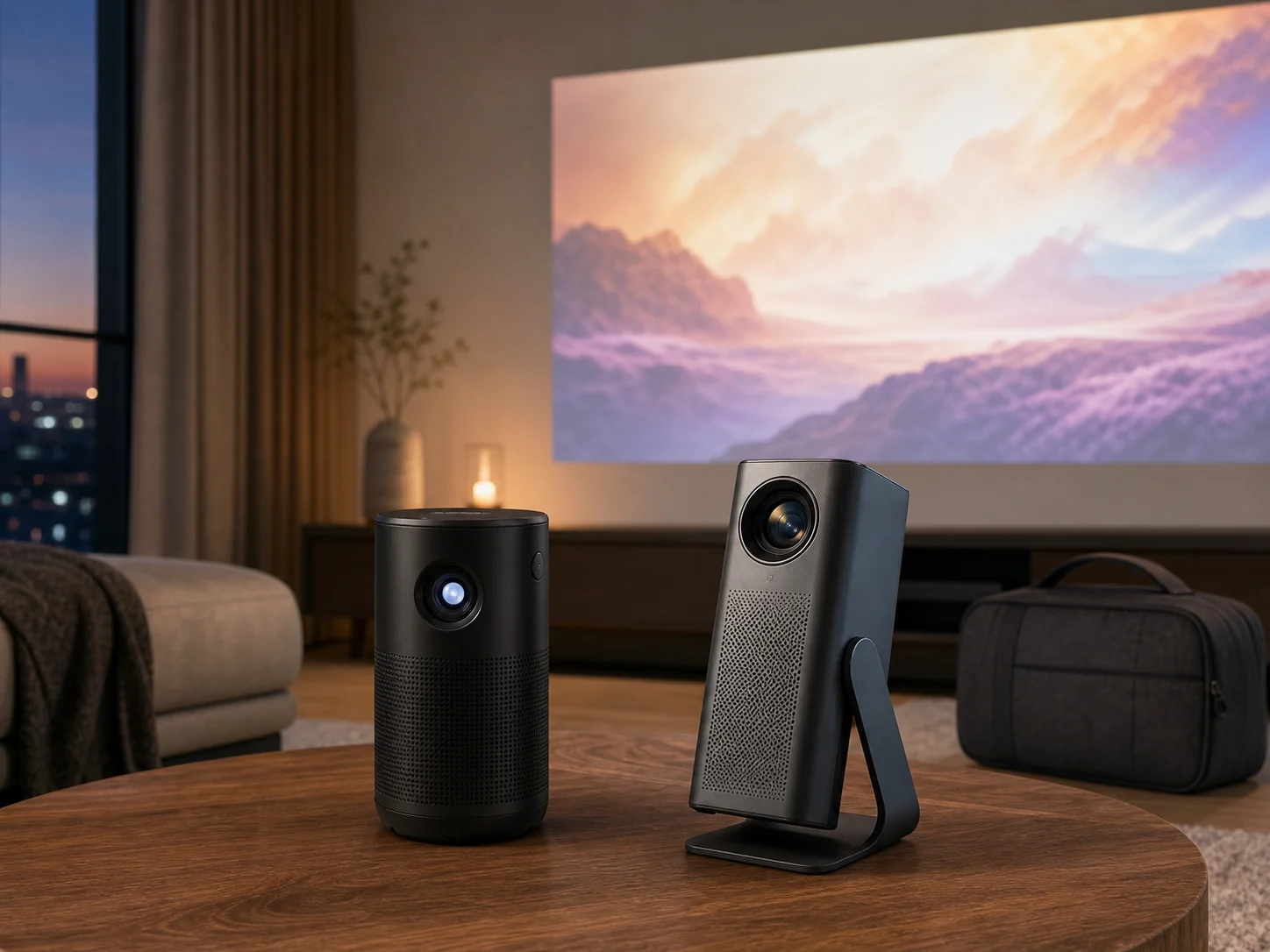 Two compact portable projectors on a living room table with a soft wall projection, media console, and travel bag for the XGIMI MoGo 3 Pro vs Nebula Capsule 3 Laser comparison