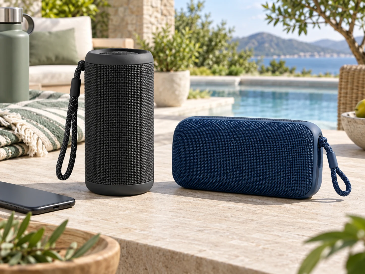 Two unbranded portable Bluetooth speakers with carry loops on a bright poolside patio for the JBL Charge 6 vs Bose SoundLink Plus comparison