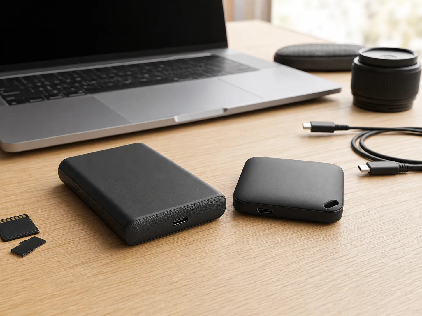 Two compact black portable SSD drives on a bright desk with a laptop, USB-C cable, memory cards, and camera gear for the Samsung T9 vs Crucial X10 Pro comparison