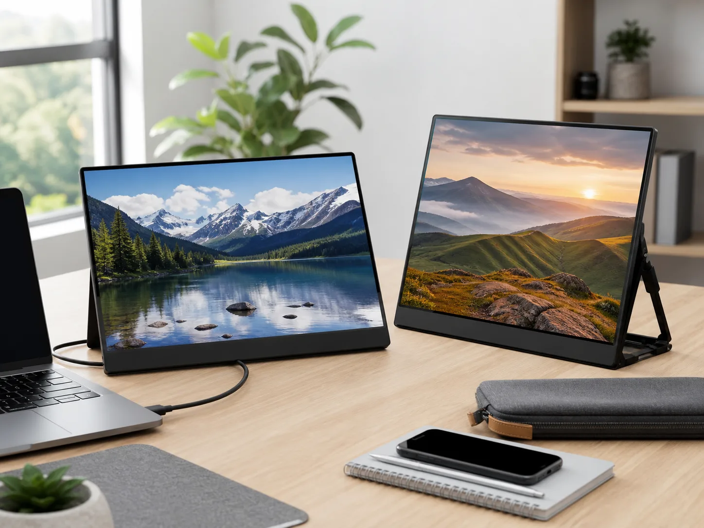 Two slim portable monitors on a bright desk with a laptop, USB-C cable, phone, notebook, and travel pouch for the ASUS ZenScreen MB16ACV vs ViewSonic VG1655 comparison