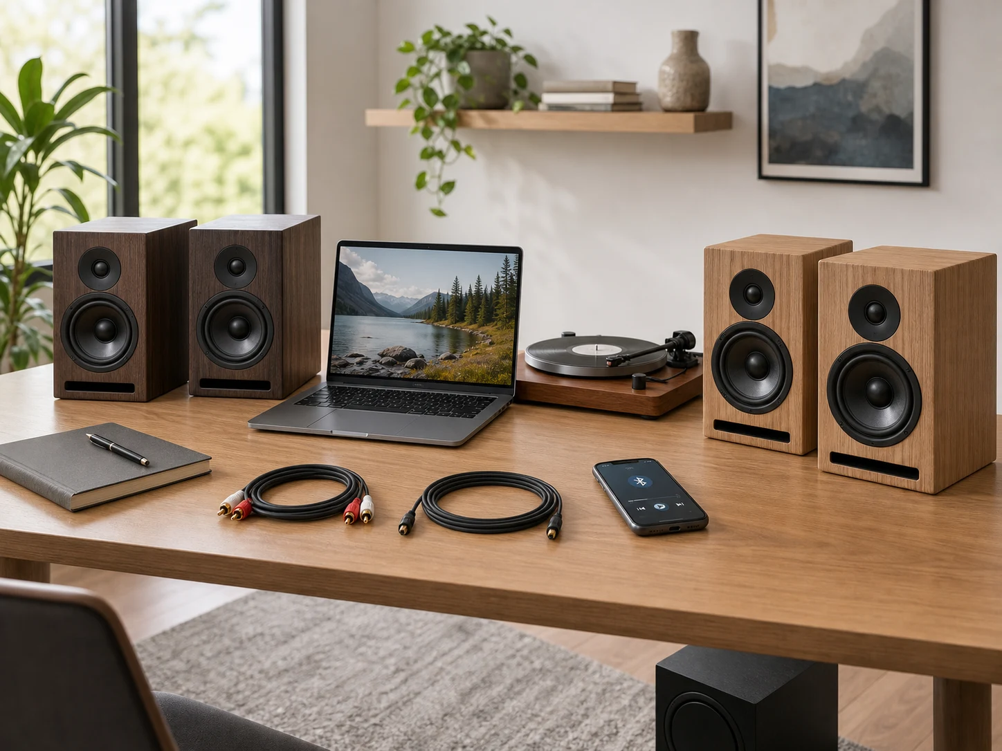 Two pairs of powered bookshelf speakers on a bright desk with a laptop, turntable, RCA cables, digital audio cable, Bluetooth phone, and small subwoofer for the Edifier R1700BTs vs R1280DBs comparison