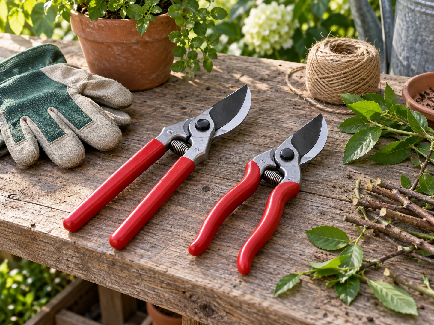 Two unbranded red-handled bypass pruners on a cedar potting bench with gloves, woody stems, twine, terracotta pot, and green leaves for the FELCO 2 vs FELCO 6 comparison