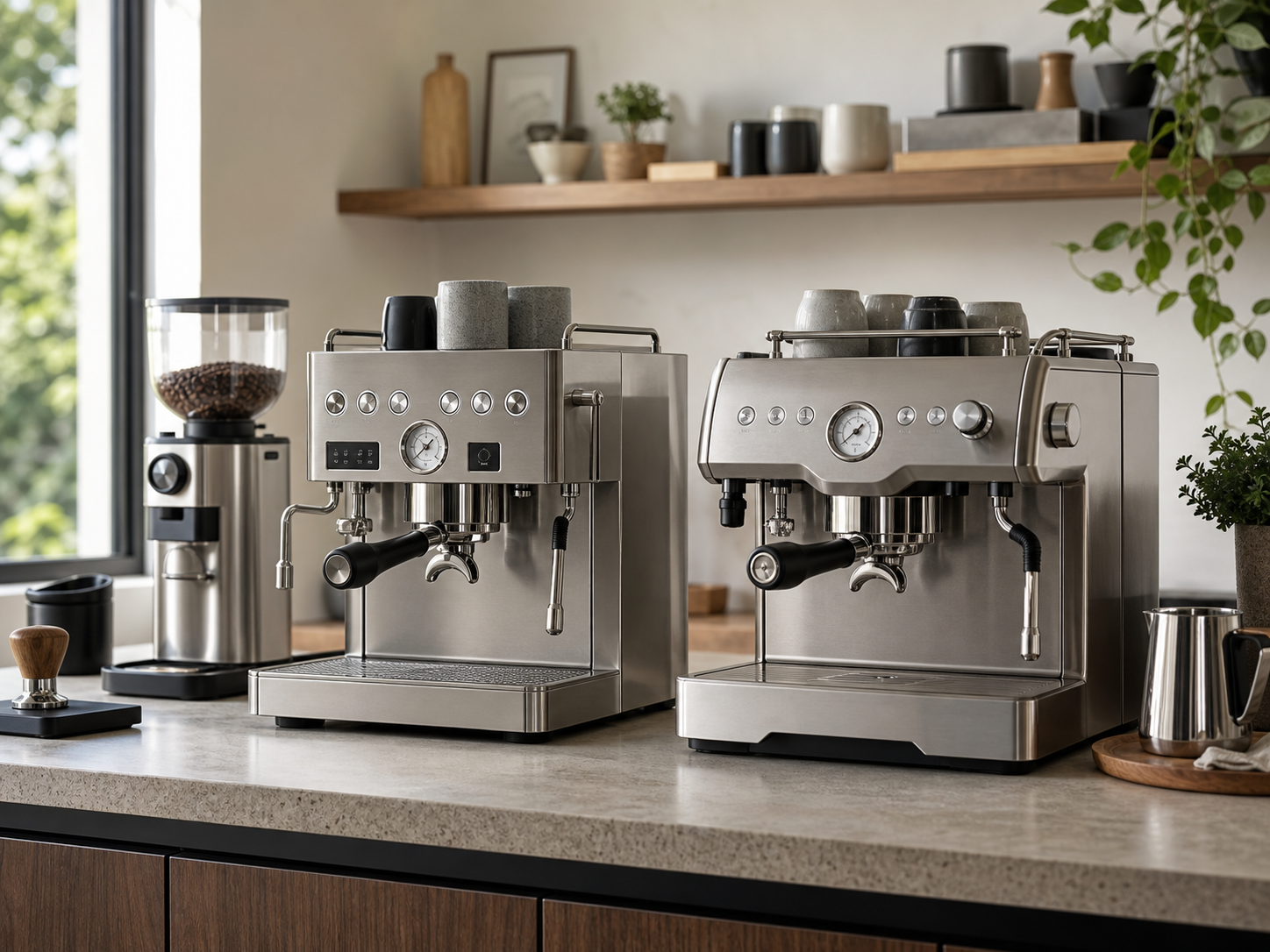 Two stainless steel espresso machines on a home coffee bar with cups, scales, and coffee tools