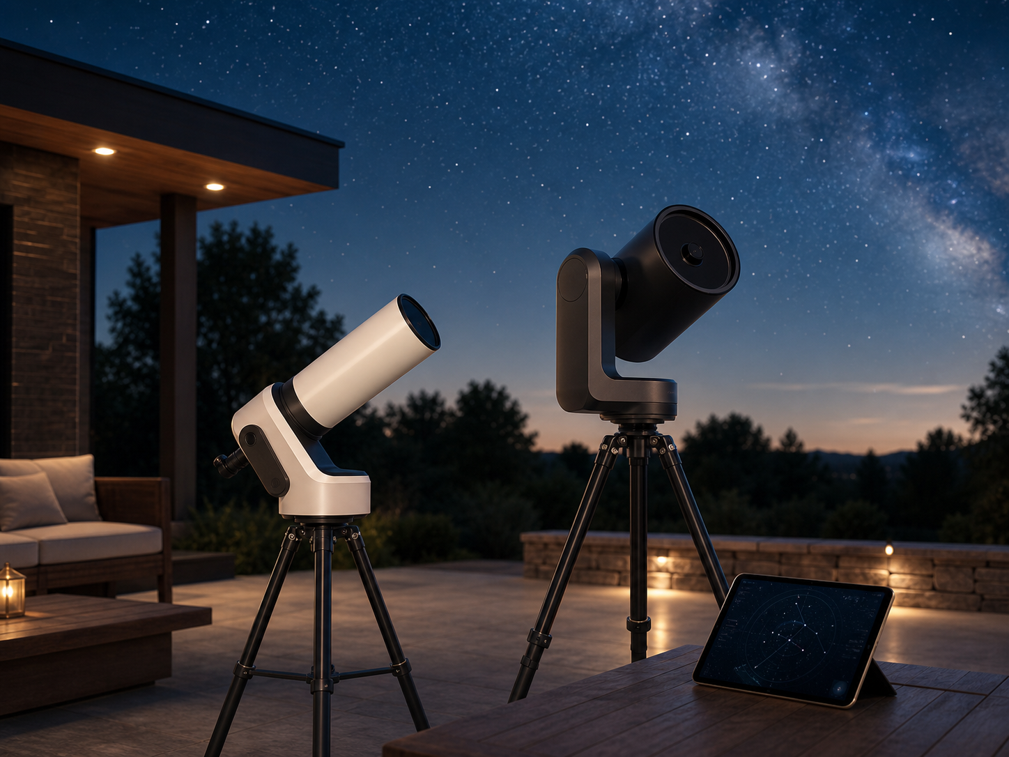 Two compact smart telescopes on tripods under a clear evening sky beside a tablet showing a star map