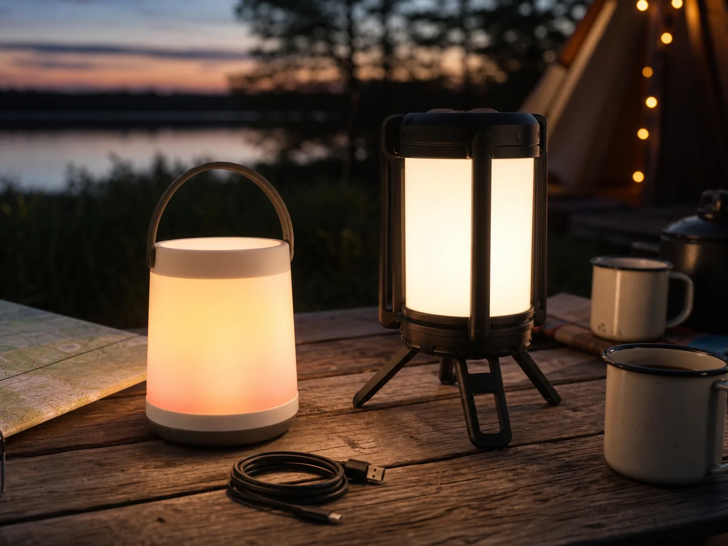 Two unbranded rechargeable camping lanterns glowing on a wooden picnic table at dusk with a USB cable, camp map, enamel mugs, and soft campsite lights for the BioLite AlpenGlow 500 vs Goal Zero Lighthouse 600 comparison