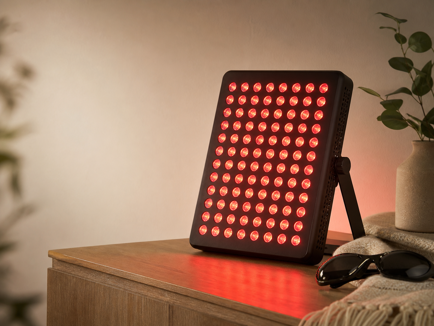 Compact red light therapy panel glowing on a home tabletop beside protective glasses