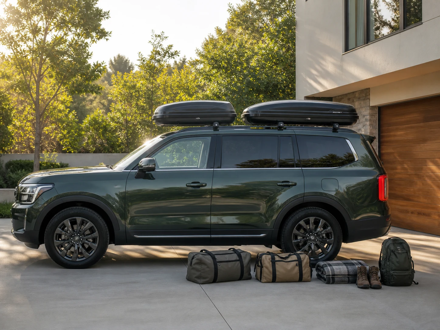 Two unbranded hard-shell roof cargo boxes on a family SUV beside duffel bags, hiking boots, and travel gear for the Thule Force 3 L vs Yakima SkyBox 16 Carbonite comparison.