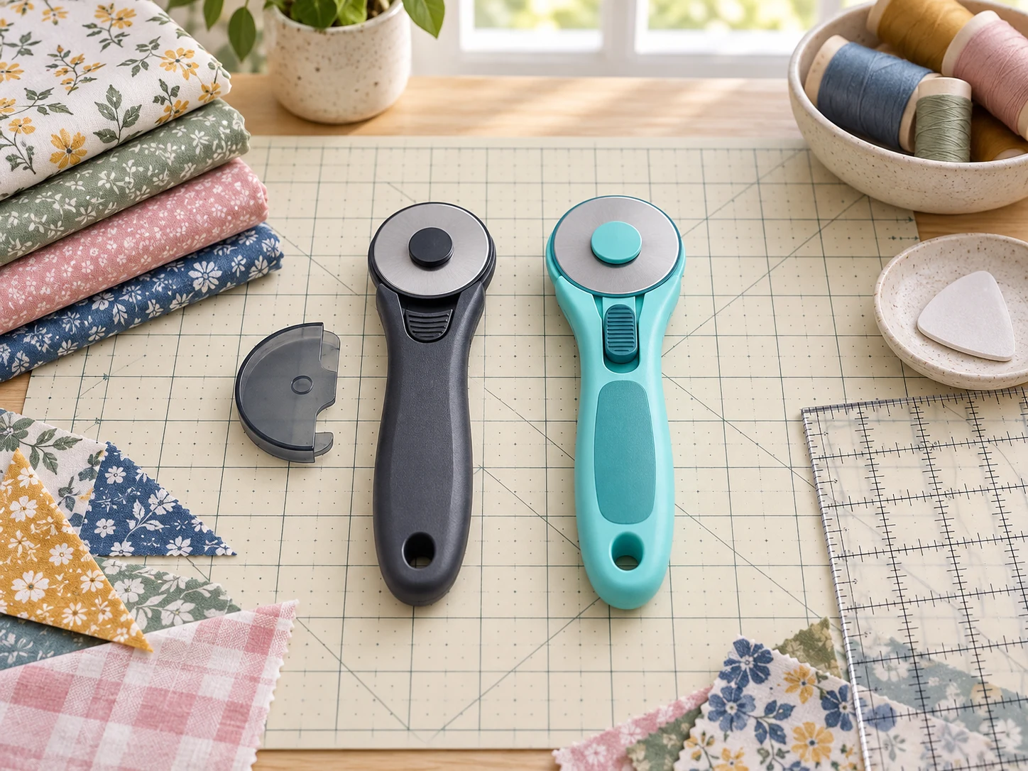 Two unbranded 45 mm rotary cutters, one charcoal and one aqua, on a cream cutting mat with quilting cotton, thread, ruler, and tailor’s chalk for the OLFA RTY-2/G vs RTY-2/C Rotary Cutter comparison