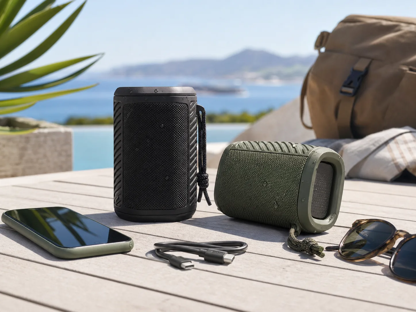 Two compact rugged portable Bluetooth speakers on a bright patio table with a phone, USB-C cable, sunglasses, backpack, and water view for the JBL Flip 7 vs Bose SoundLink Flex 2nd Gen comparison