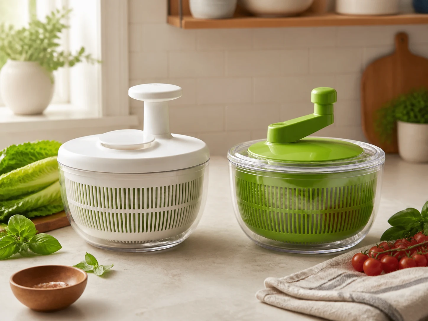 An unbranded white pump salad spinner and a clear green hand-crank salad spinner with romaine, herbs, tomatoes, linen towel, and a kitchen counter for the OXO Good Grips vs Cuisinart Salad Spinner comparison