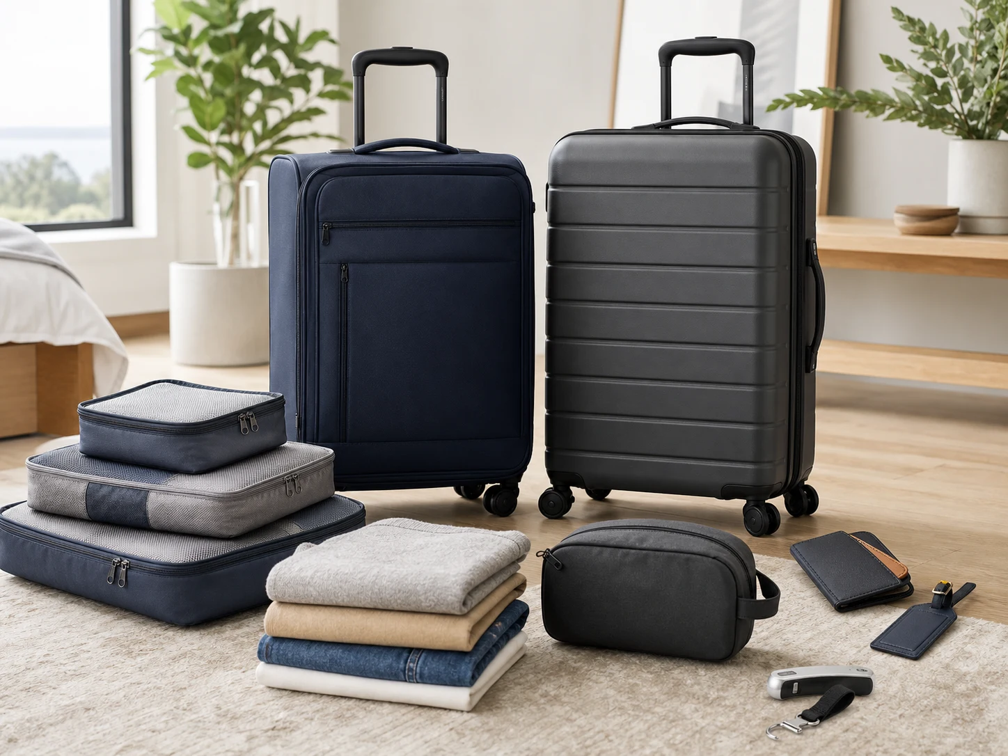 Two unbranded carry-on spinner suitcases on a bright packing table with packing cubes, folded clothes, toiletry pouch, passport wallet, luggage tag, and a small luggage scale for the Travelpro Maxlite 5 vs Samsonite Freeform comparison