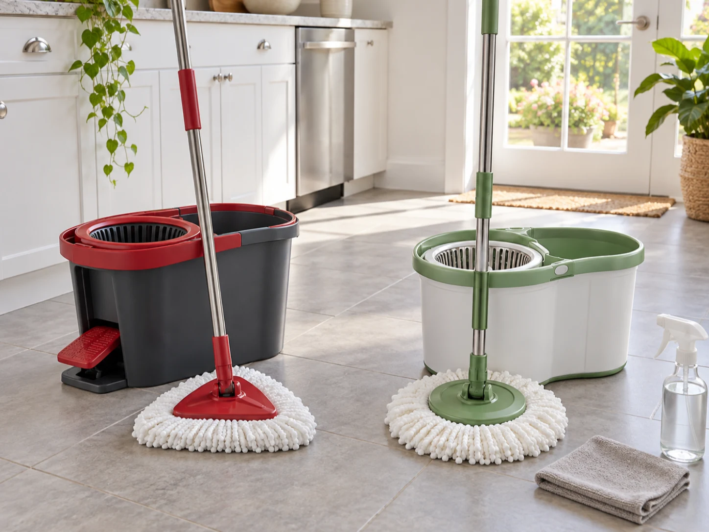Two unbranded spin mop bucket systems with white microfiber mop heads, a cleaning cloth, spray bottle, tile floor, and sunlit kitchen doorway for the O-Cedar EasyWring vs Libman Tornado comparison