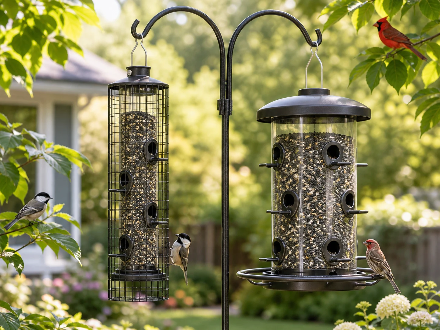 Two unbranded squirrel-resistant tube bird feeders hanging in a sunny backyard garden with songbirds and seed for the Squirrel Buster Plus vs Squirrel Buster Classic comparison.
