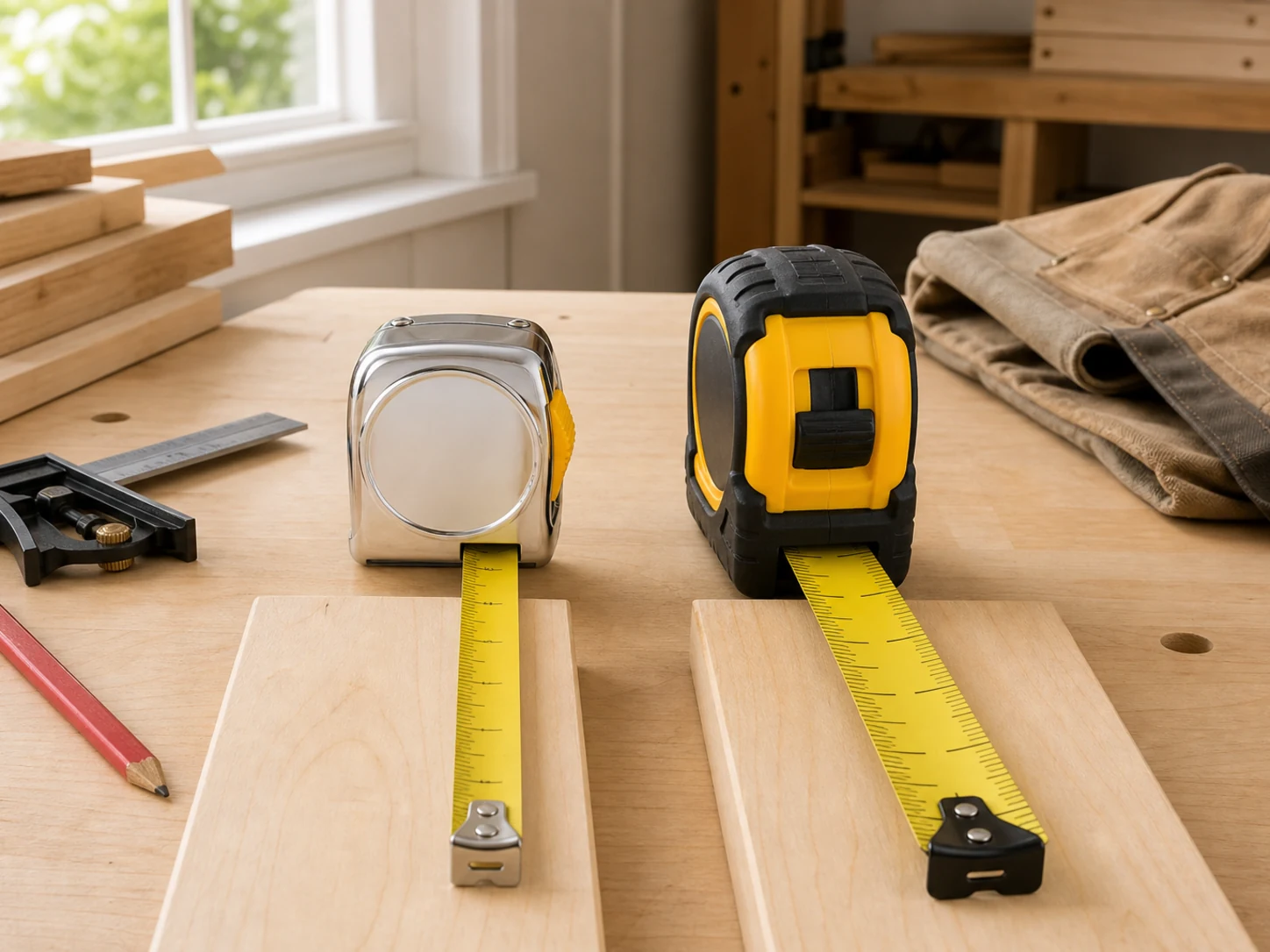 An unbranded compact chrome tape measure and a larger yellow-and-black tape measure with extended blades, lumber, square, pencil, and tool apron for the STANLEY PowerLock 33-425 vs FATMAX 33-725 comparison