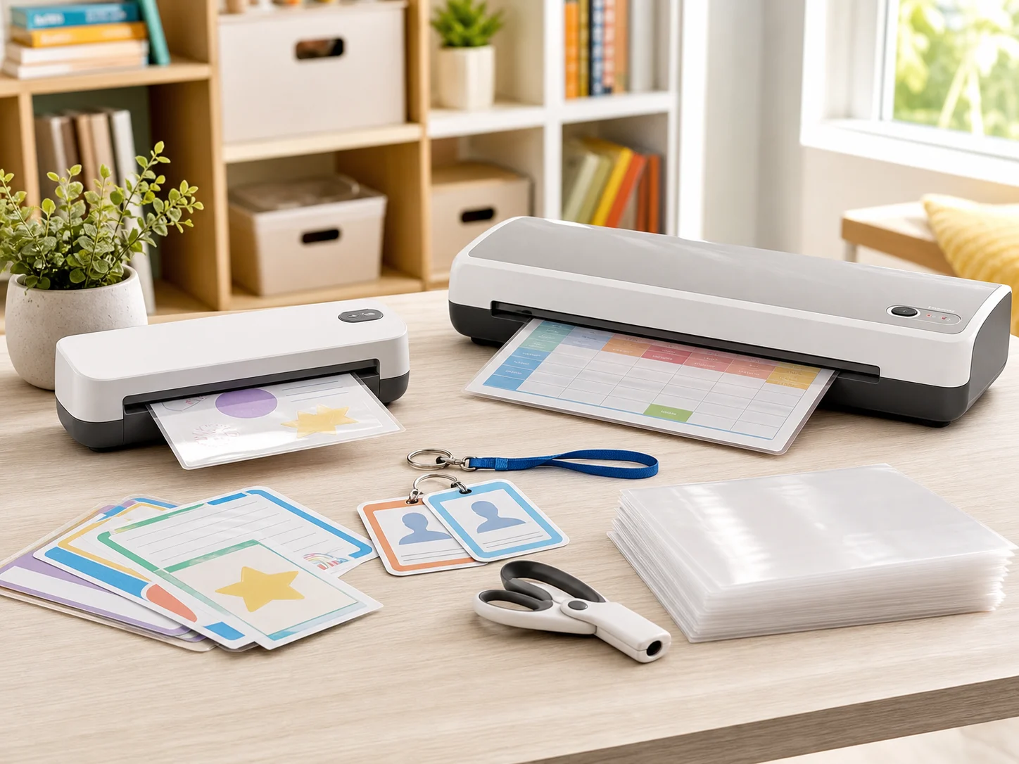 Two unbranded desktop thermal laminators on a bright classroom and home-office table with laminated worksheets, ID cards, letter-size pouches, scissors, and storage bins for the Scotch TL901X vs Fellowes Saturn 125 laminator comparison