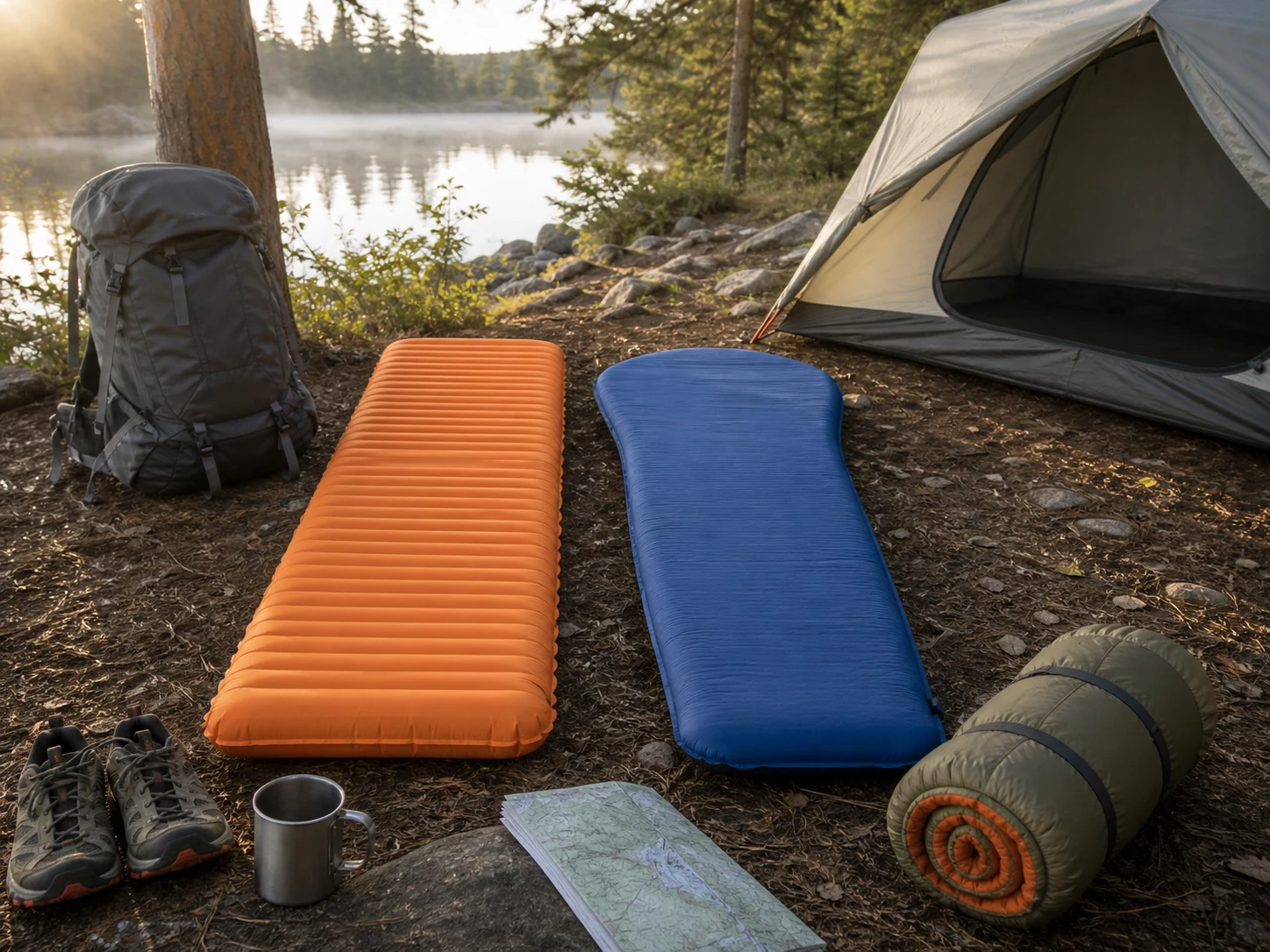 Two unbranded backpacking sleeping pads, one orange insulated air pad and one blue self-inflating pad, beside a tent with a pack, trail shoes, camp mug, and map for the NEMO Tensor Trail vs Sea to Summit Pursuit comparison.
