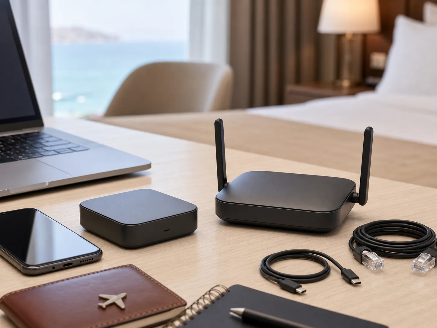 Two unbranded compact travel Wi-Fi routers on a bright hotel-room desk with a laptop, phone, Ethernet cable, USB-C cable, passport wallet, and notebook for the TP-Link TL-WR902AC vs GL.iNet Opal GL-SFT1200 comparison