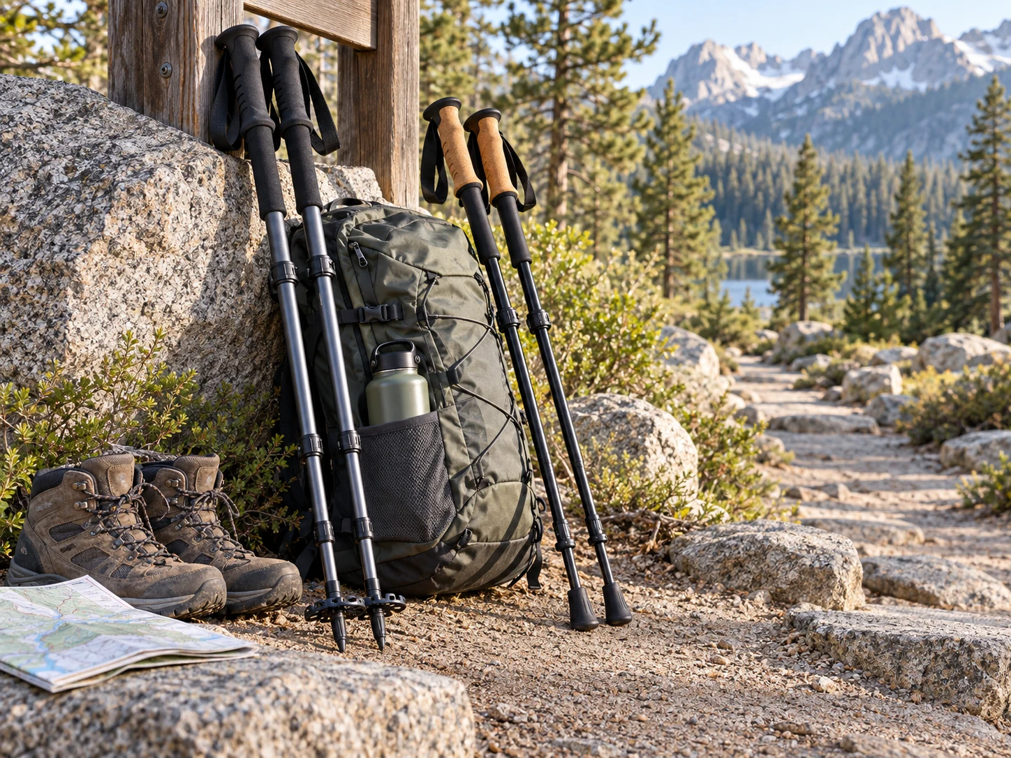 Two unbranded telescoping aluminum trekking pole pairs with a daypack, hiking boots, trail map, and water bottle at a pine-forest trailhead for the Black Diamond Trail Back vs Cascade Mountain Tech Aluminum Quick Lock comparison