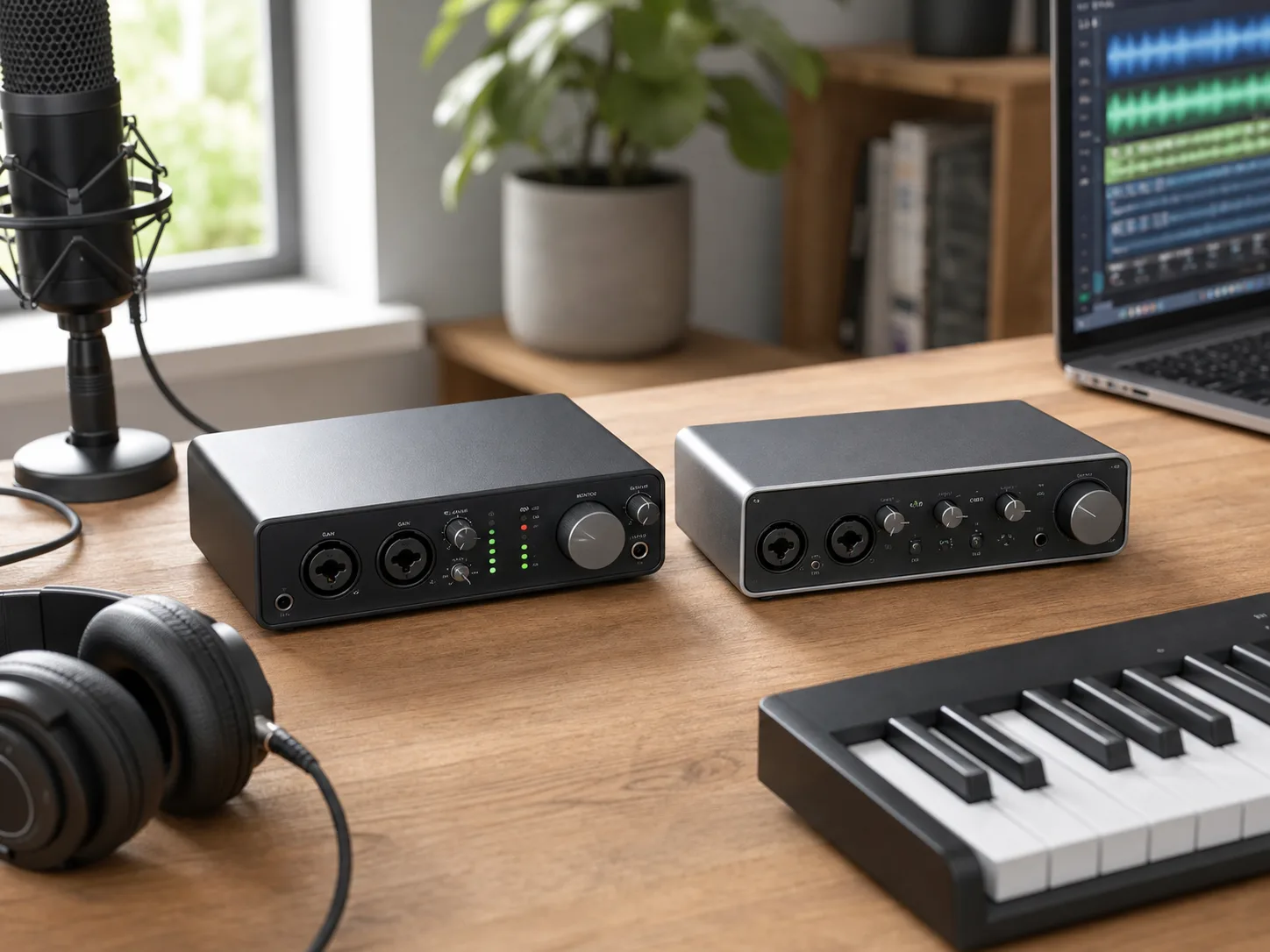 Two compact desktop USB audio interfaces on a bright home recording desk with studio headphones, microphone cable, laptop, and MIDI keyboard for the Focusrite Scarlett 2i2 4th Gen vs Universal Audio Volt 2 comparison