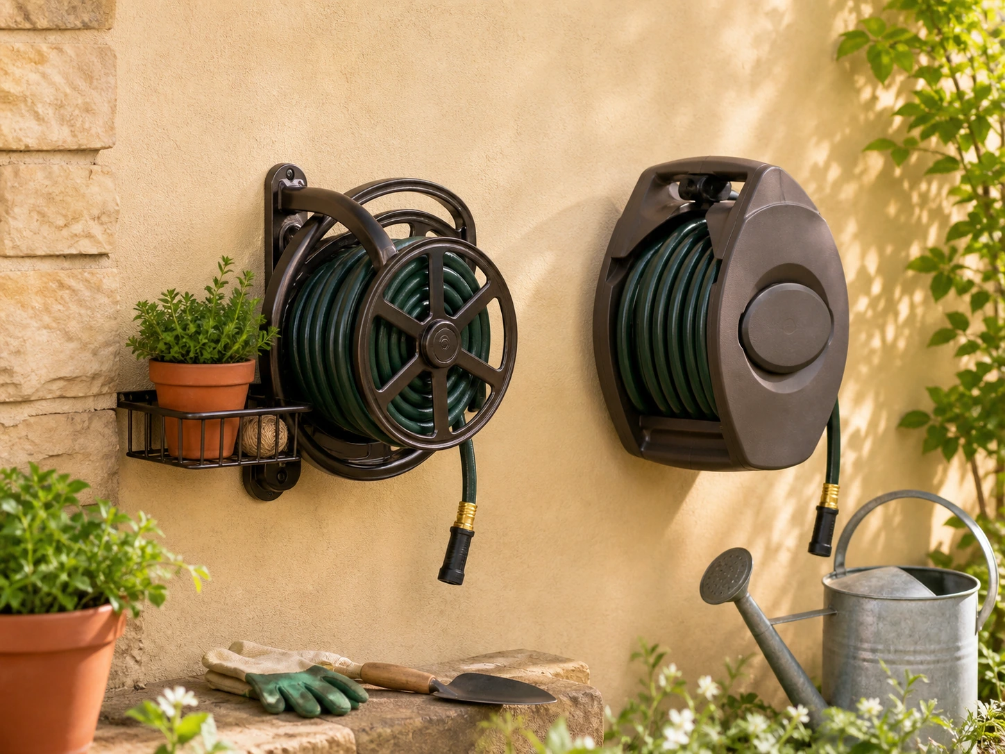 An unbranded bronze rotating wall hose reel and a dark taupe hose-guide wall reel beside garden tools for the Liberty Garden 712 vs Suncast STA125B comparison.