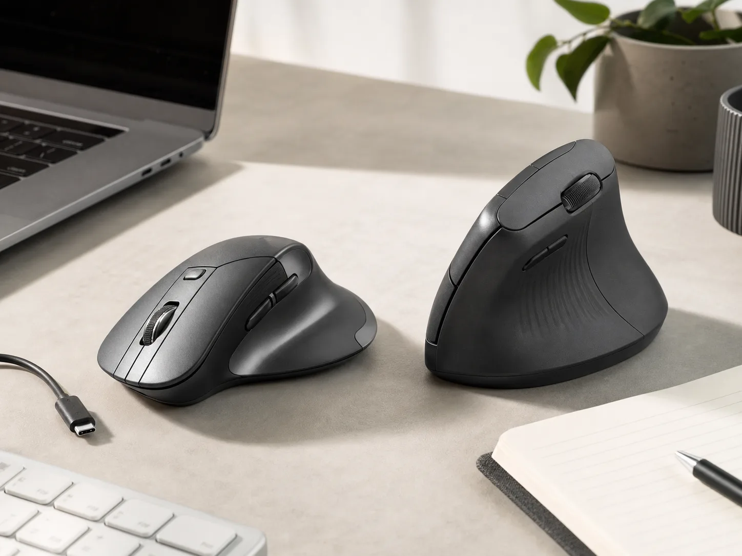 Two unbranded wireless productivity mice on a bright desk with a laptop, keyboard, USB-C cable, notebook, pen, and plant for the Logitech MX Master 3S vs MX Vertical comparison