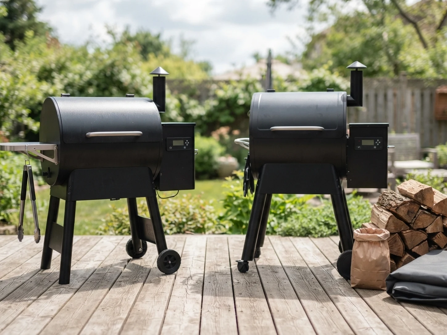 Two black wood pellet barbecue grills side by side on a backyard deck with a stack of firewood, a bag of wood pellets, and grilling tongs for the Traeger Pro 575 vs Pit Boss 850FB2 comparison
