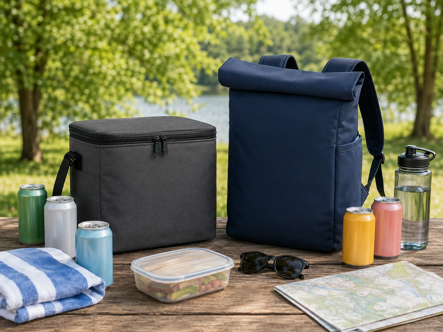 Two unbranded soft-sided coolers, a compact charcoal flip-top and a navy backpack cooler, on a picnic table with drinks, lunch gear, towel, sunglasses, and a map for the YETI Hopper Flip 12 vs Hopper M20 comparison.